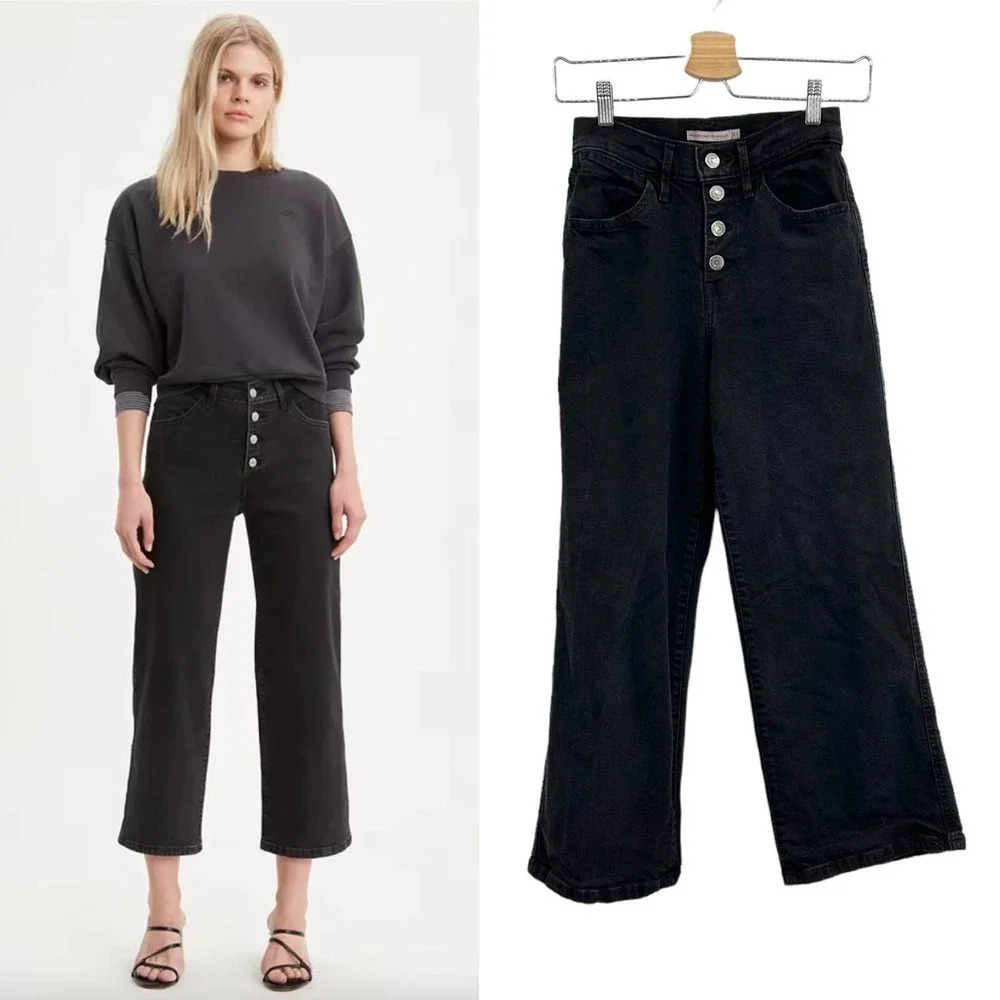 Levi's Mile High Wide Leg‎ Cropped Jeans Black Denim Size 24